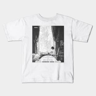 Virginia Woolf Book and Reading Quote Franklin Booth Woman in Library Writing Dark Academia Ink Illustration Kids T-Shirt